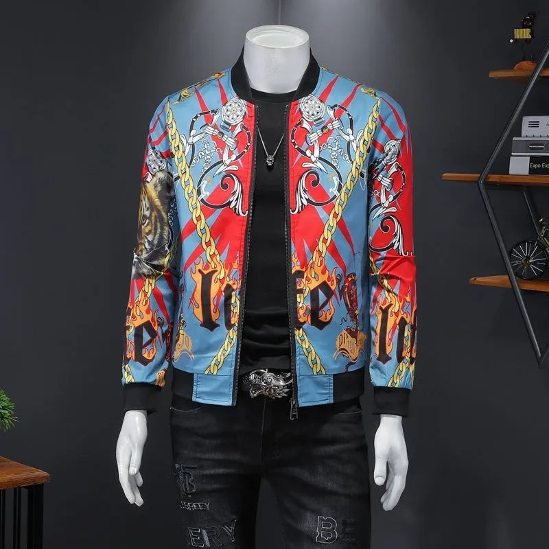 Men's gold print bomber jacket in white, black, and blue, cotton-polyester blend, long sleeves, ribbed hem, side pockets, streetwear