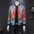 Men's gold print bomber jacket in white, black, and blue, cotton-polyester blend, long sleeves, ribbed hem, side pockets, streetwear