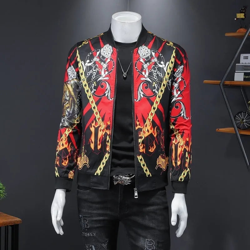 Men's gold print bomber jacket in white, black, and blue, cotton-polyester blend, long sleeves, ribbed hem, side pockets, streetwear