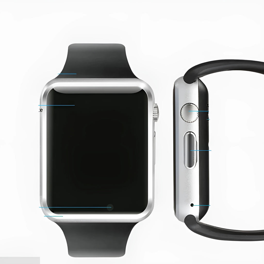 A1 Smart Watch in various colours featuring a 1.54-inch screen, GSM SIM slot, and camera.