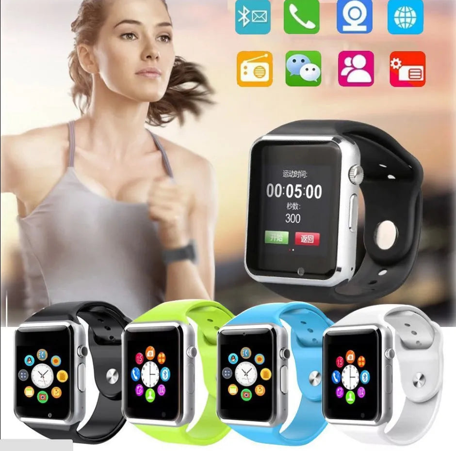 A1 Smart Watch in various colours featuring a 1.54-inch screen, GSM SIM slot, and camera.