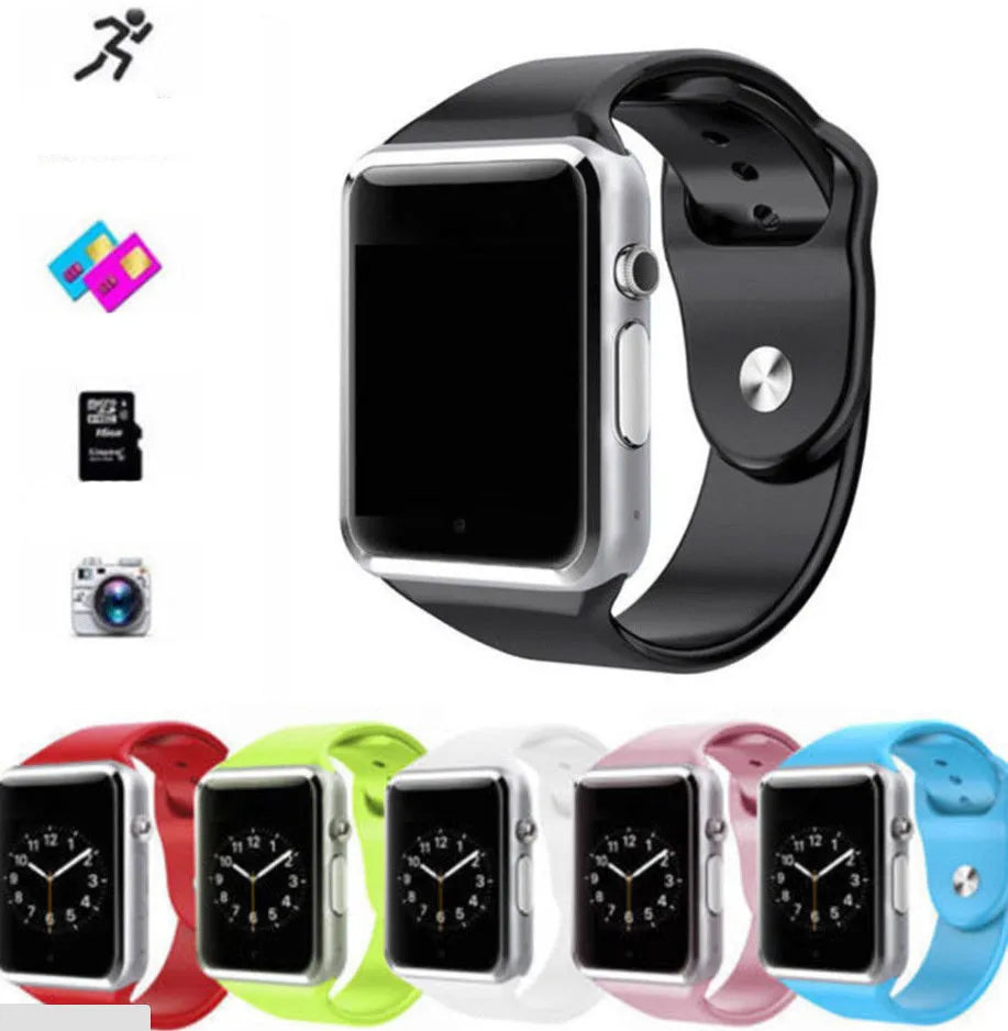 A1 Smart Watch in various colours featuring a 1.54-inch screen, GSM SIM slot, and camera.