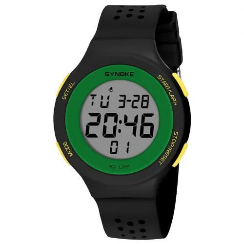 LED electronic sports watch with digital display showing 50m waterproof rating, available in multiple colours.