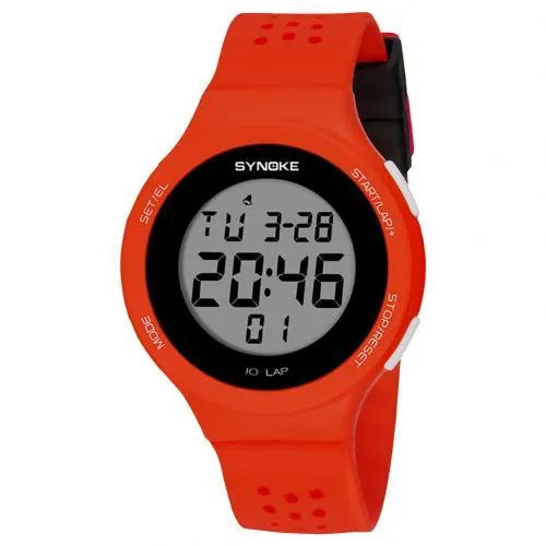 LED electronic sports watch with digital display showing 50m waterproof rating, available in multiple colours.