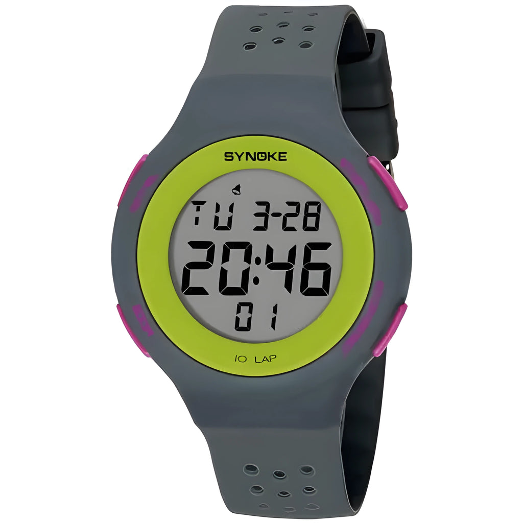 LED electronic sports watch with digital display showing 50m waterproof rating, available in multiple colours.