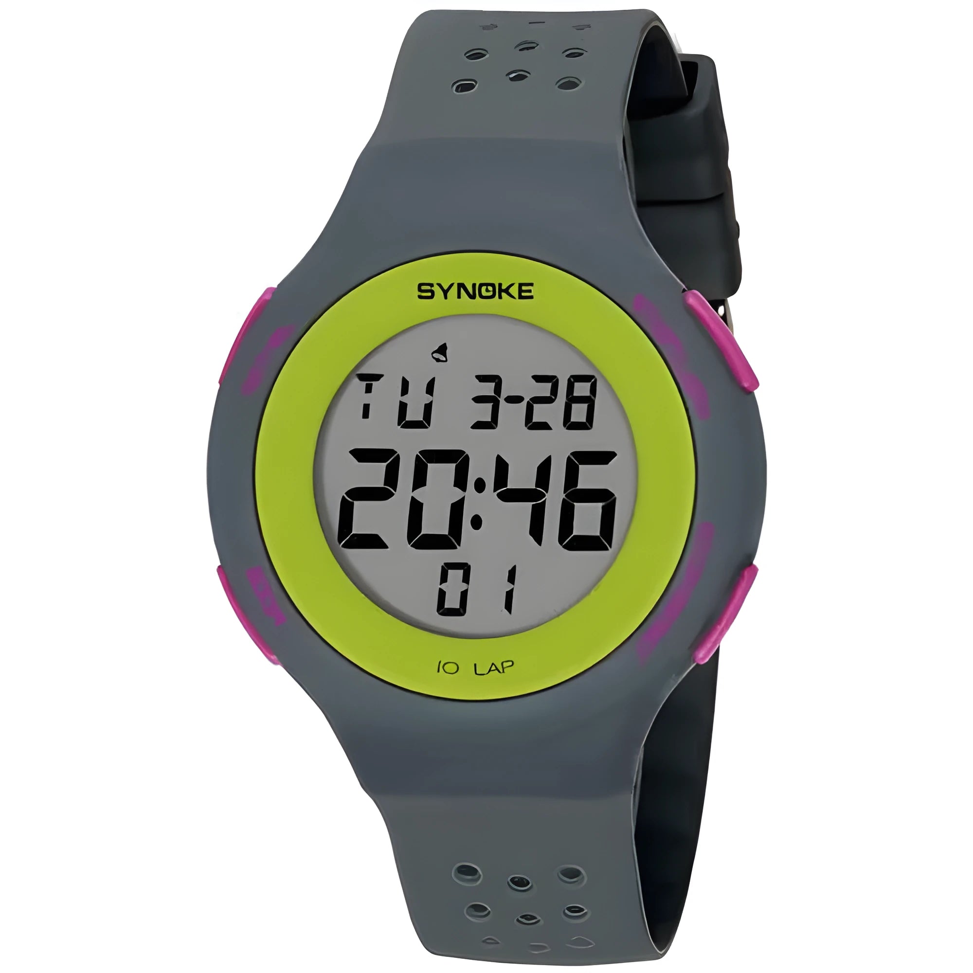 LED electronic sports watch with digital display showing 50m waterproof rating, available in multiple colours.