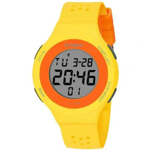 LED electronic sports watch with digital display showing 50m waterproof rating, available in multiple colours.