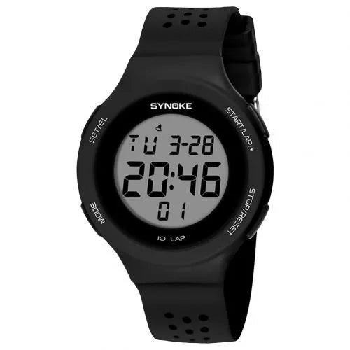 LED electronic sports watch with digital display showing 50m waterproof rating, available in multiple colours.
