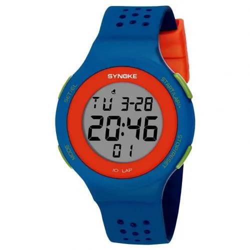 LED electronic sports watch with digital display showing 50m waterproof rating, available in multiple colours.
