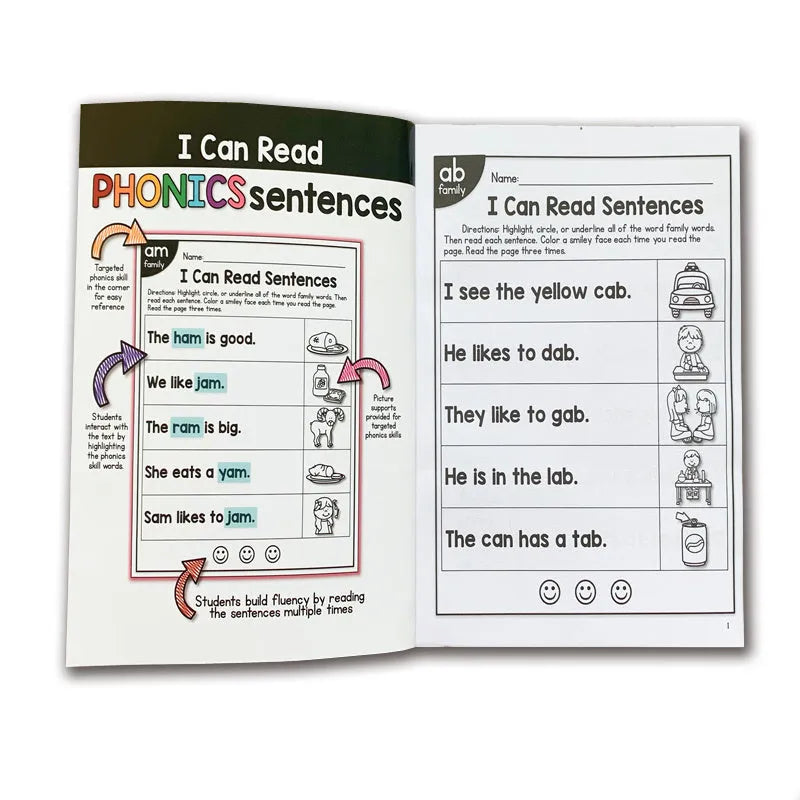 Children's English phonics reading worksheet A4 size 21cm by 14cm for ages 6+