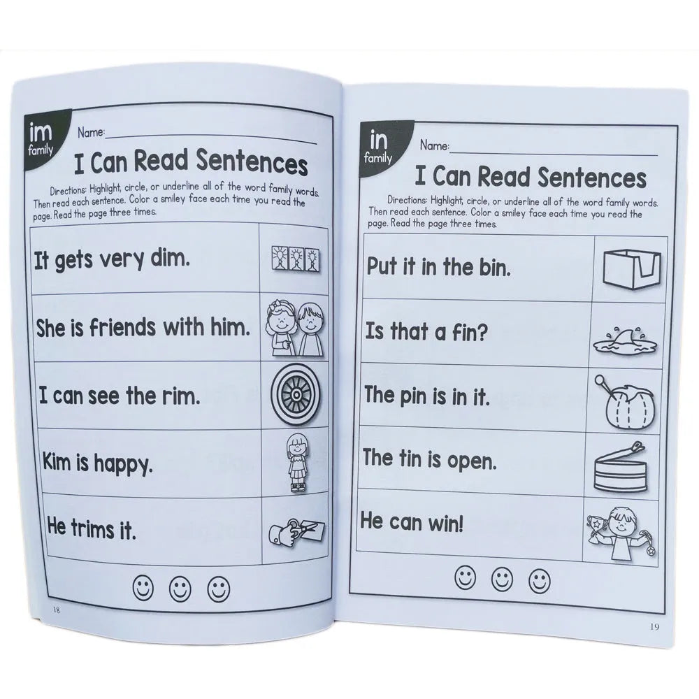 Children's English phonics reading worksheet A4 size 21cm by 14cm for ages 6+