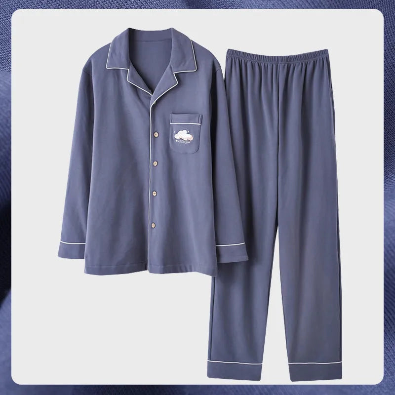 Antarcti men's long sleeve cotton pyjama set with front clasp in solid colour lying flat on white background