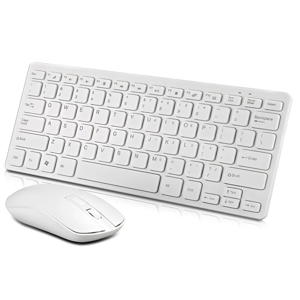 Wireless keyboard and mouse set on desk, full-size keyboard and optical mouse with USB receiver