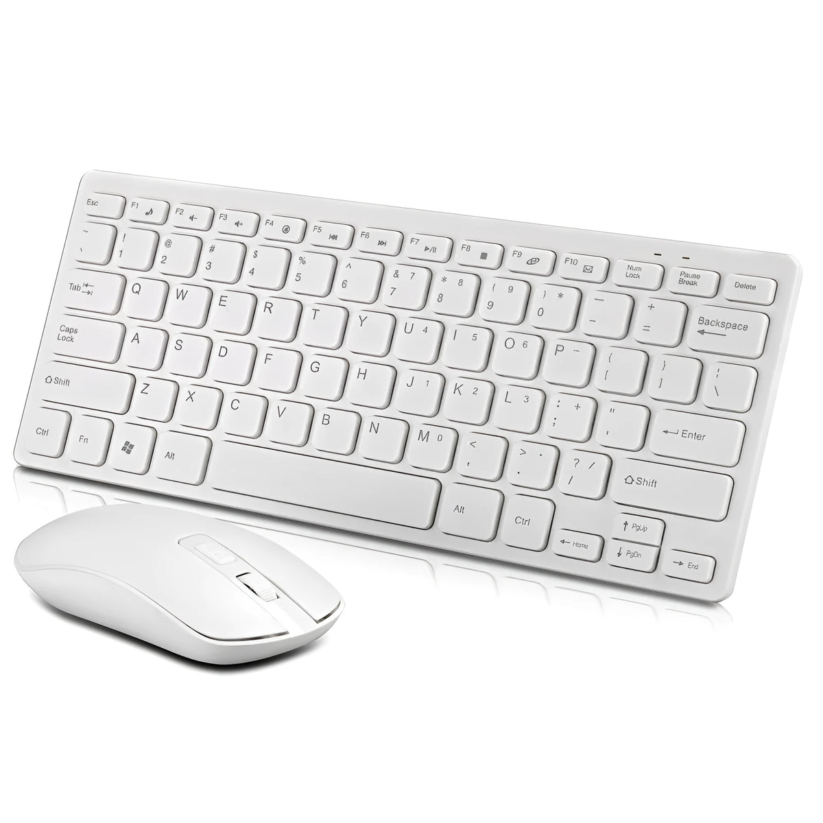 Wireless keyboard and mouse set on desk, full-size keyboard and optical mouse with USB receiver