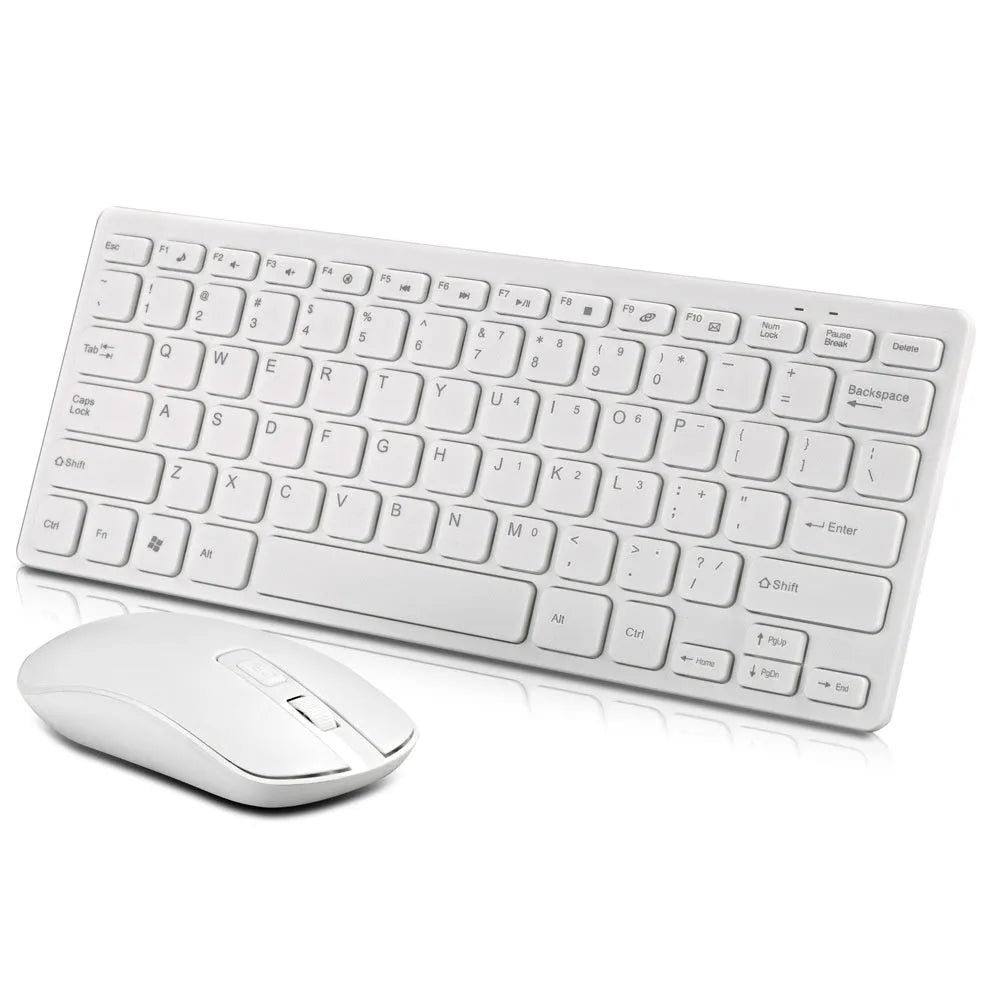 Wireless keyboard and mouse set on desk, full-size keyboard and optical mouse with USB receiver