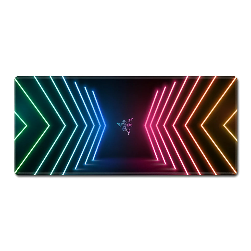 Oversized RGB gaming mouse pad with anti-skid rubber base on a desk, with cool lighting effect