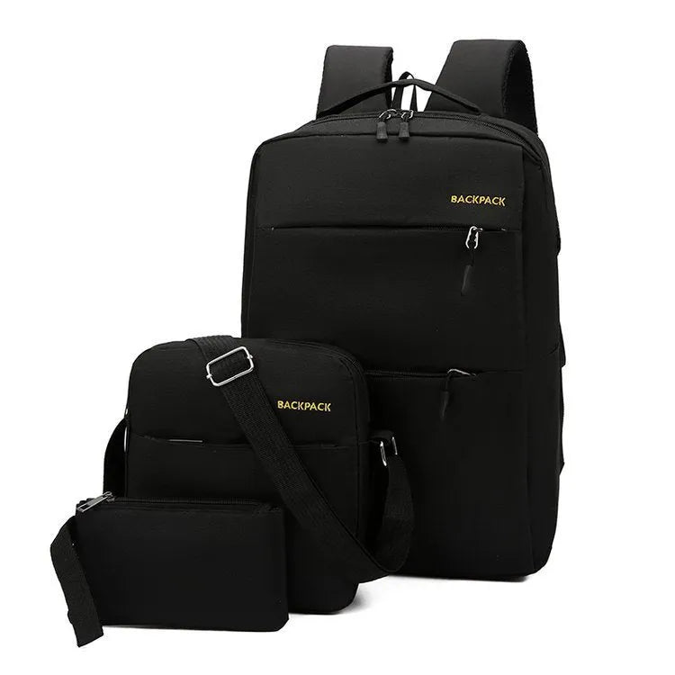 Three-piece casual backpack set in Oxford cloth with denim texture, available in wine red and other colours