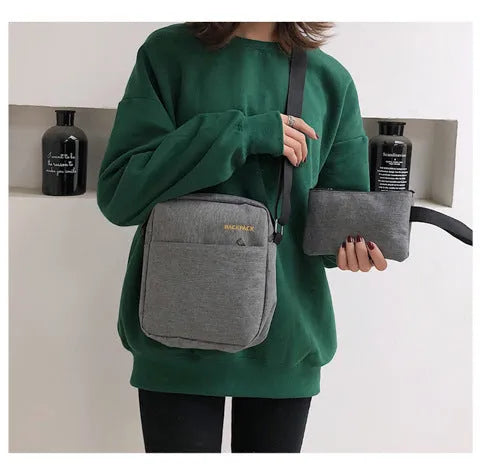 Three-piece casual backpack set in Oxford cloth with denim texture, available in wine red and other colours