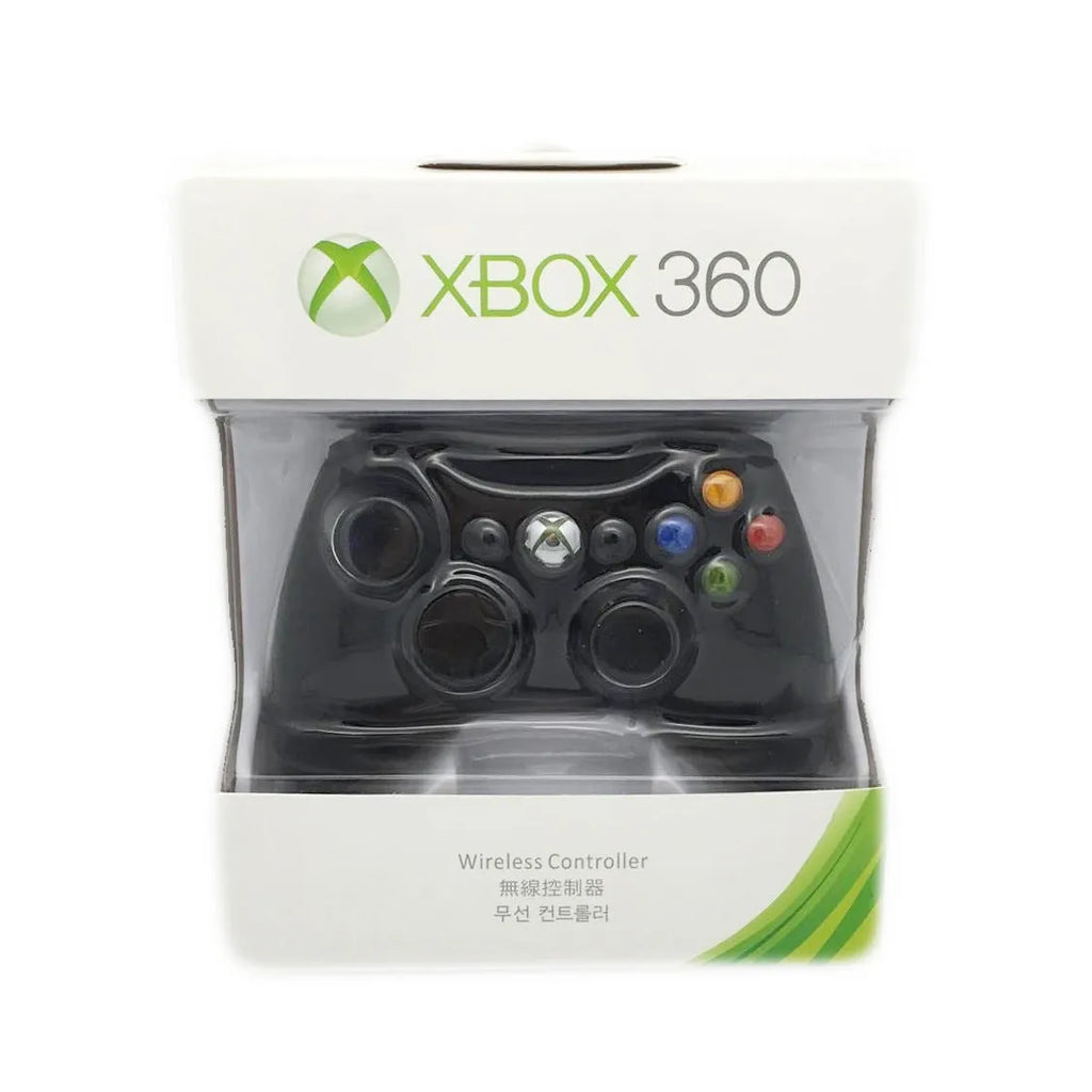 Xbox 360 wireless controller in black with thumbsticks, D-pad, and Xbox navigation button on white background