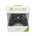 Xbox 360 wireless controller in black with thumbsticks, D-pad, and Xbox navigation button on white background
