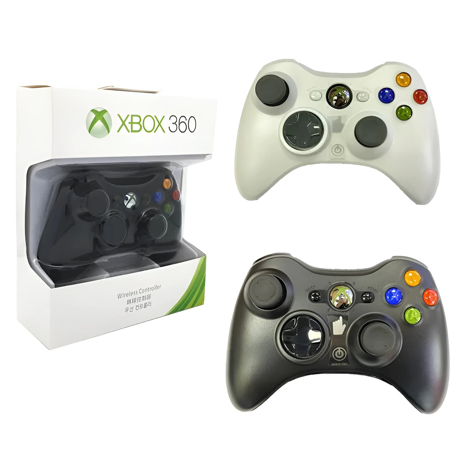 Xbox 360 wireless controller in black with thumbsticks, D-pad, and Xbox navigation button on white background