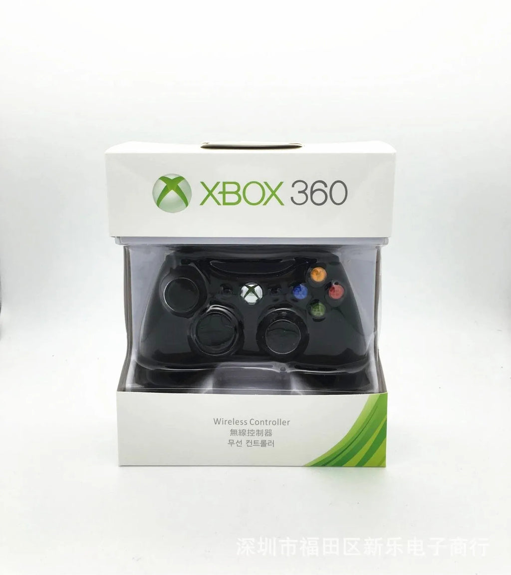 Xbox 360 wireless controller in black with thumbsticks, D-pad, and Xbox navigation button on white background