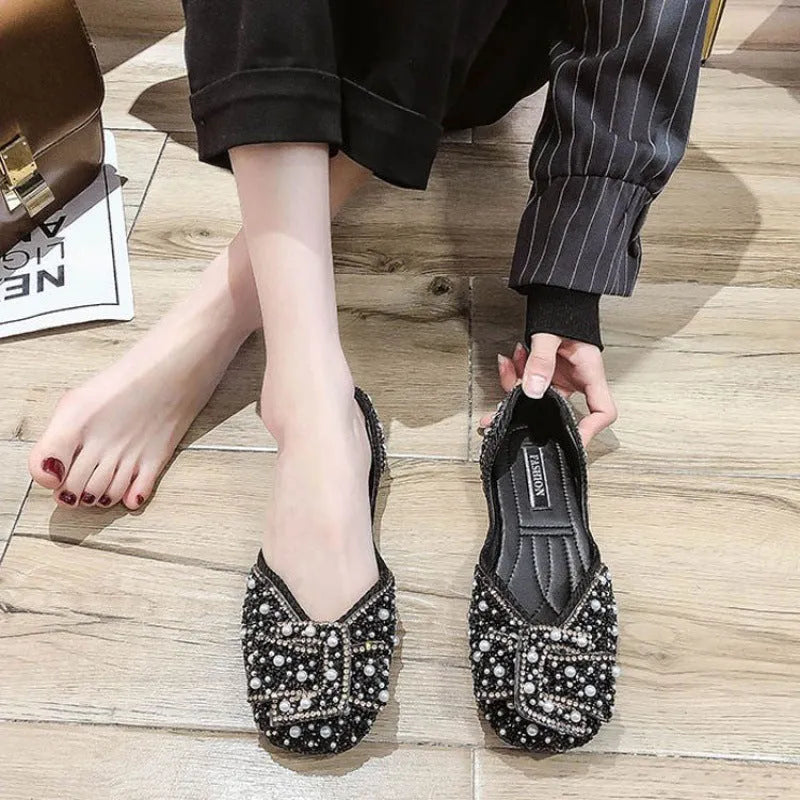 Large size women's flat shoes with beaded square toe in black, green, and pink, PU upper, spring casual footwear