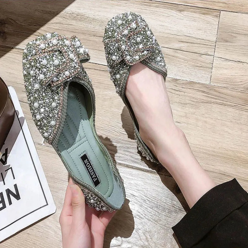 Large size women's flat shoes with beaded square toe in black, green, and pink, PU upper, spring casual footwear