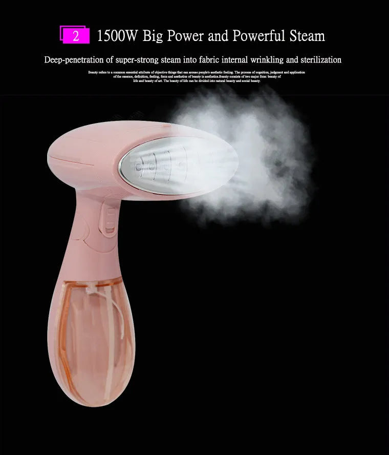 Sokany pink handheld steam ironing brush for smoothing clothes on a hanger.