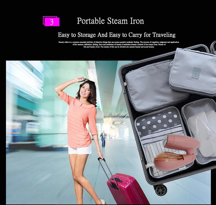 Sokany pink handheld steam ironing brush for smoothing clothes on a hanger.