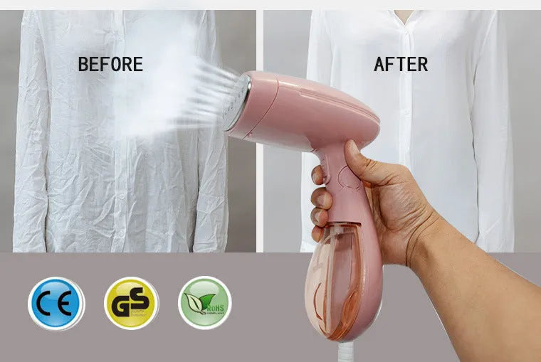 Sokany pink handheld steam ironing brush for smoothing clothes on a hanger.