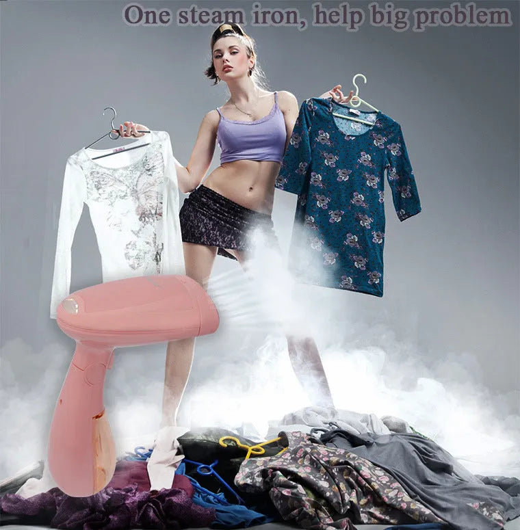 Sokany pink handheld steam ironing brush for smoothing clothes on a hanger.