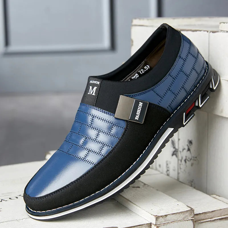 Men's blue leather casual slip-on shoes with low upper, displayed alongside black and brown colour options.
