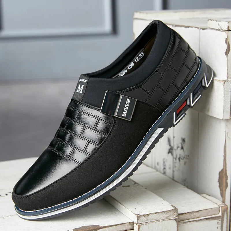 Men's blue leather casual slip-on shoes with low upper, displayed alongside black and brown colour options.