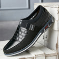 Men's blue leather casual slip-on shoes with low upper, displayed alongside black and brown colour options.