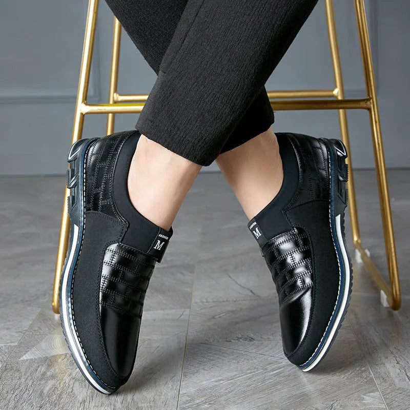 Men's blue leather casual slip-on shoes with low upper, displayed alongside black and brown colour options.