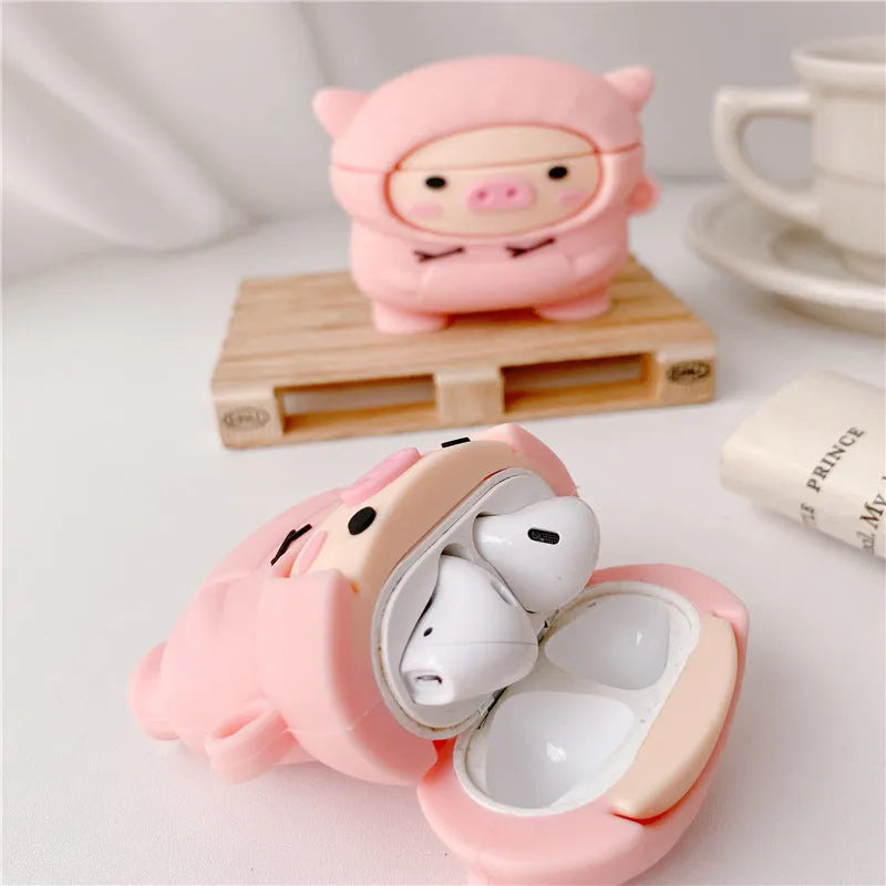 Pink pig cartoon design silicone cover for AirPods 1, 2 and Pro with matching earphone hook