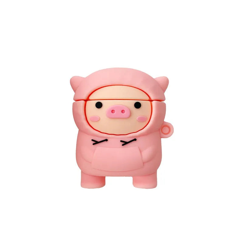 Pink pig cartoon design silicone cover for AirPods 1, 2 and Pro with matching earphone hook
