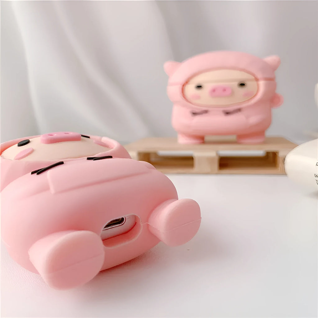 Pink pig cartoon design silicone cover for AirPods 1, 2 and Pro with matching earphone hook
