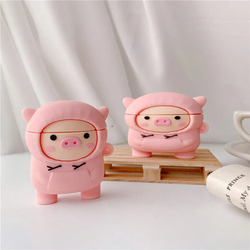 Pink pig cartoon design silicone cover for AirPods 1, 2 and Pro with matching earphone hook