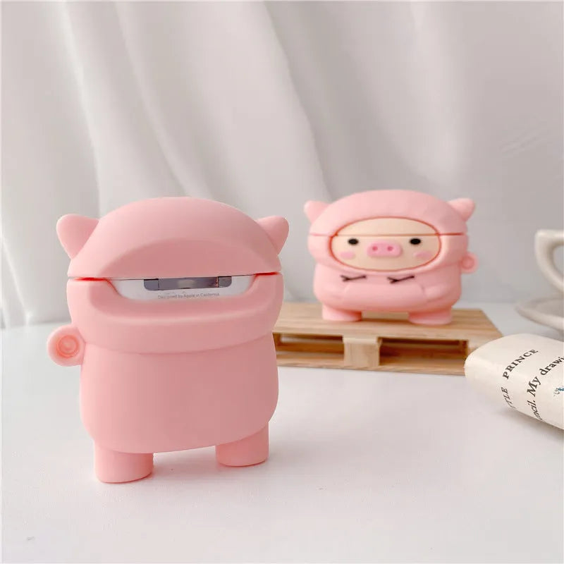 Pink pig cartoon design silicone cover for AirPods 1, 2 and Pro with matching earphone hook