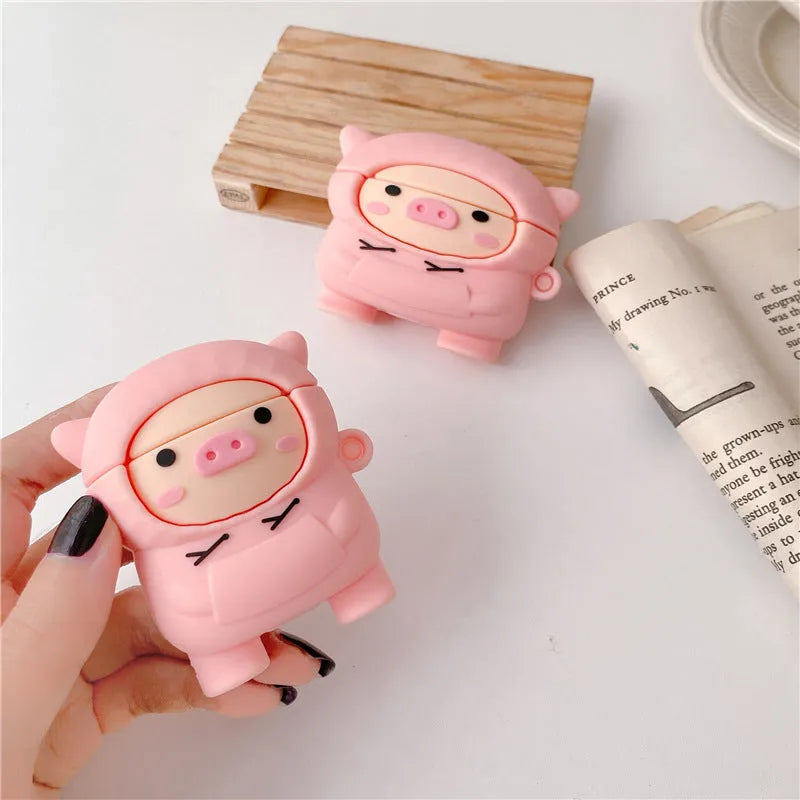 Pink pig cartoon design silicone cover for AirPods 1, 2 and Pro with matching earphone hook