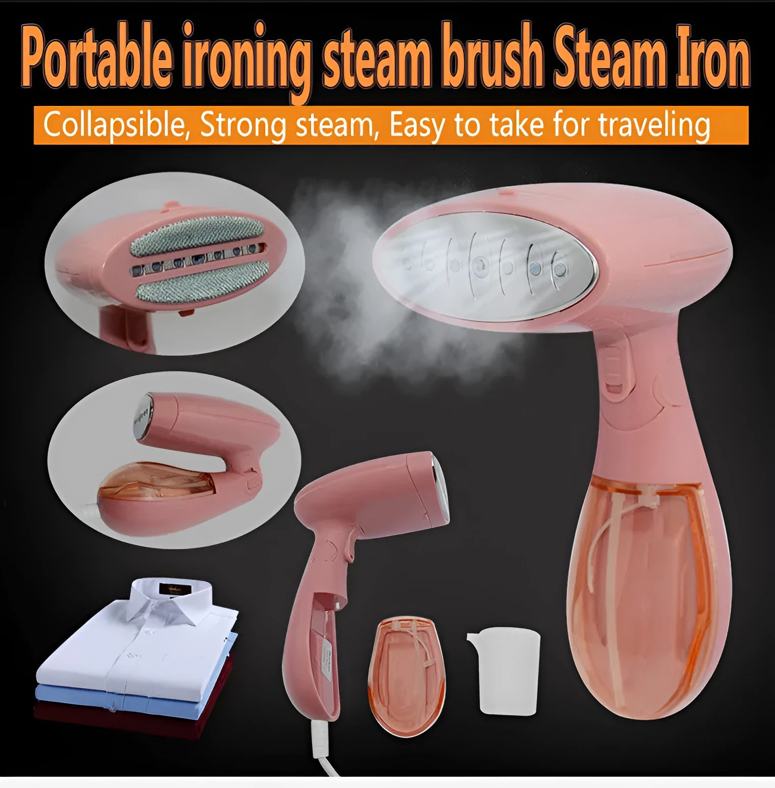 Sokany pink handheld steam ironing brush for smoothing clothes on a hanger.
