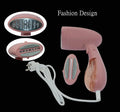 Sokany pink handheld steam ironing brush for smoothing clothes on a hanger.