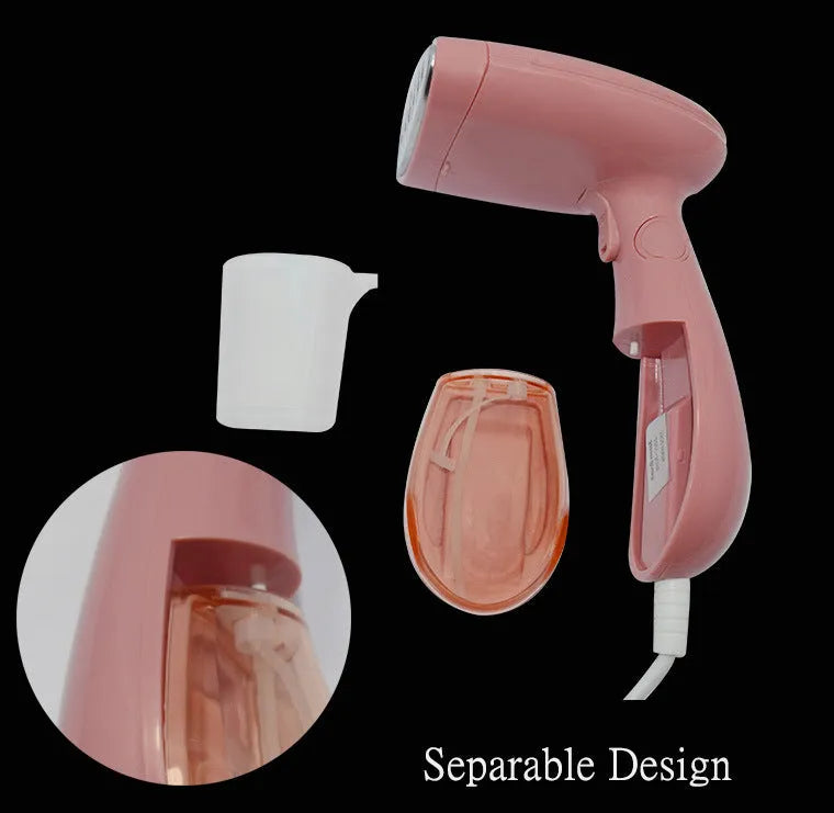 Sokany pink handheld steam ironing brush for smoothing clothes on a hanger.
