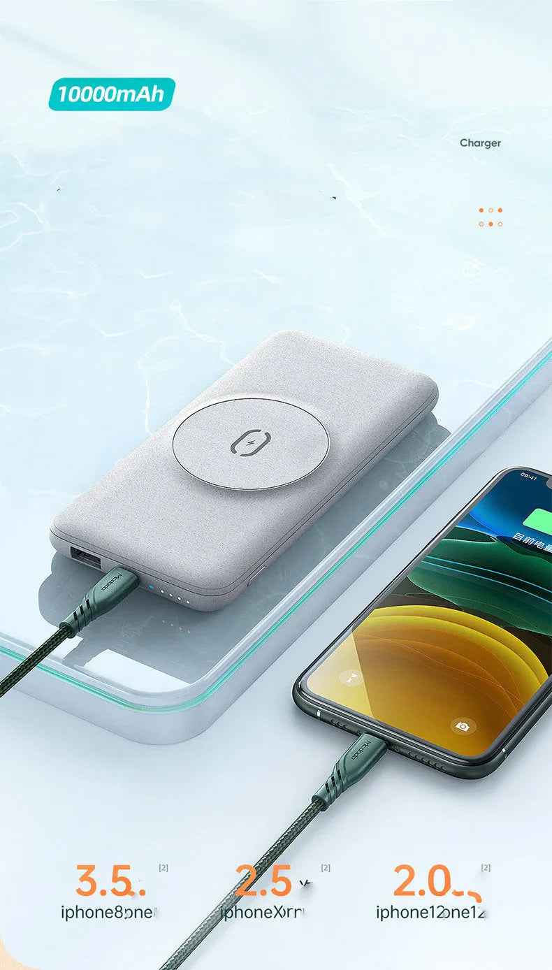Mint green Maiduo MagSafe magnetic wireless power bank attached to the back of an iPhone