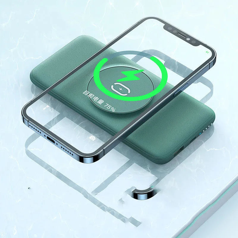 Mint green Maiduo MagSafe magnetic wireless power bank attached to the back of an iPhone