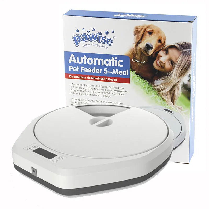 Pet automatic multi-grid feeder with five meal cells and timer display for cats and dogs