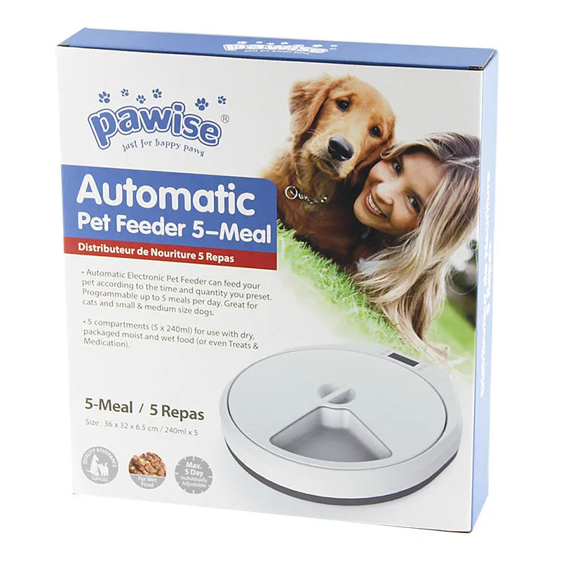 Pet automatic multi-grid feeder with five meal cells and timer display for cats and dogs