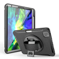 iPad case with pen slot, leather hand strap and rotating bracket in silicone PC construction